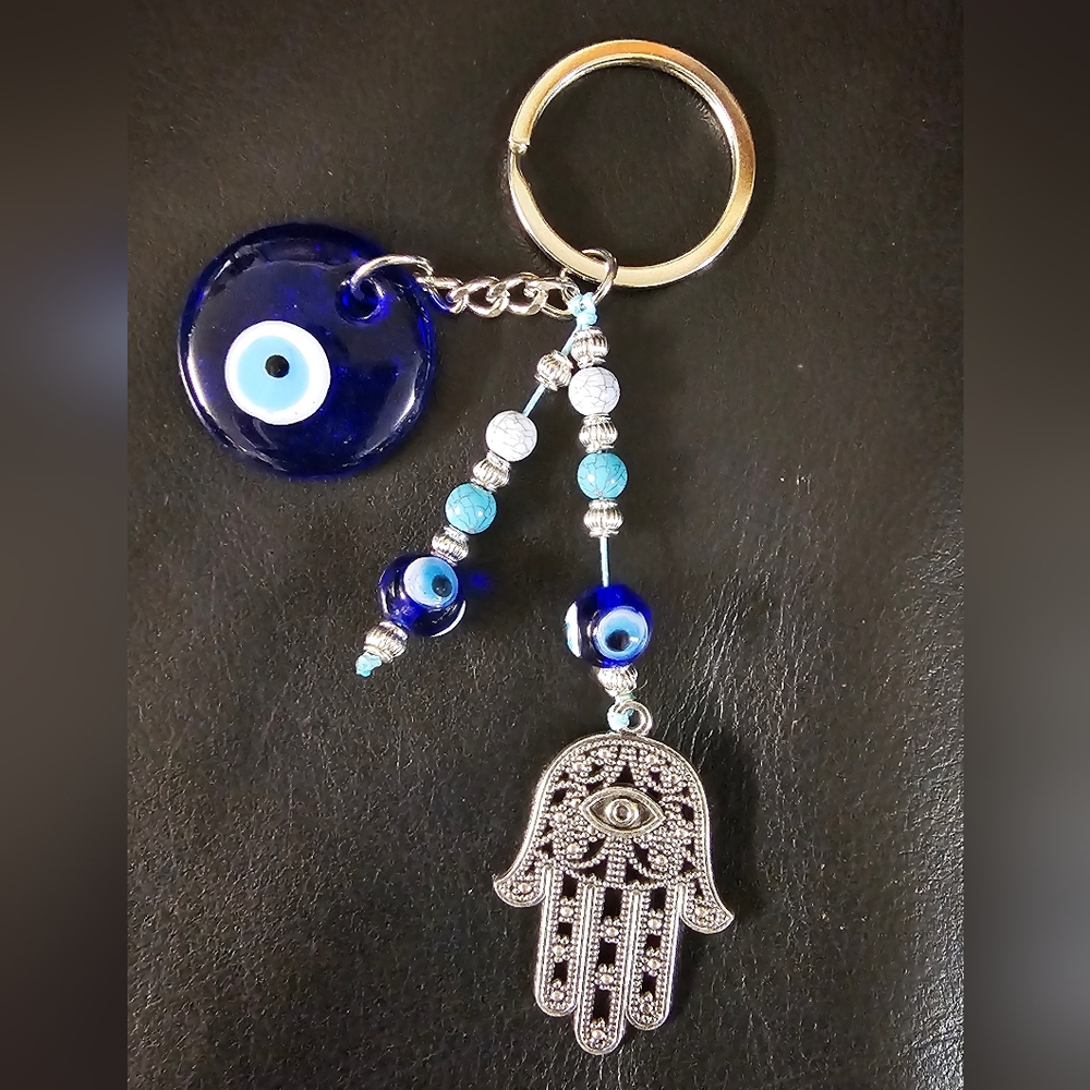 Hamsa Hand Blue Glass Evil Eye Keychain Purse Charm Spirituality Protection NWOT - Picture 2 of 5
